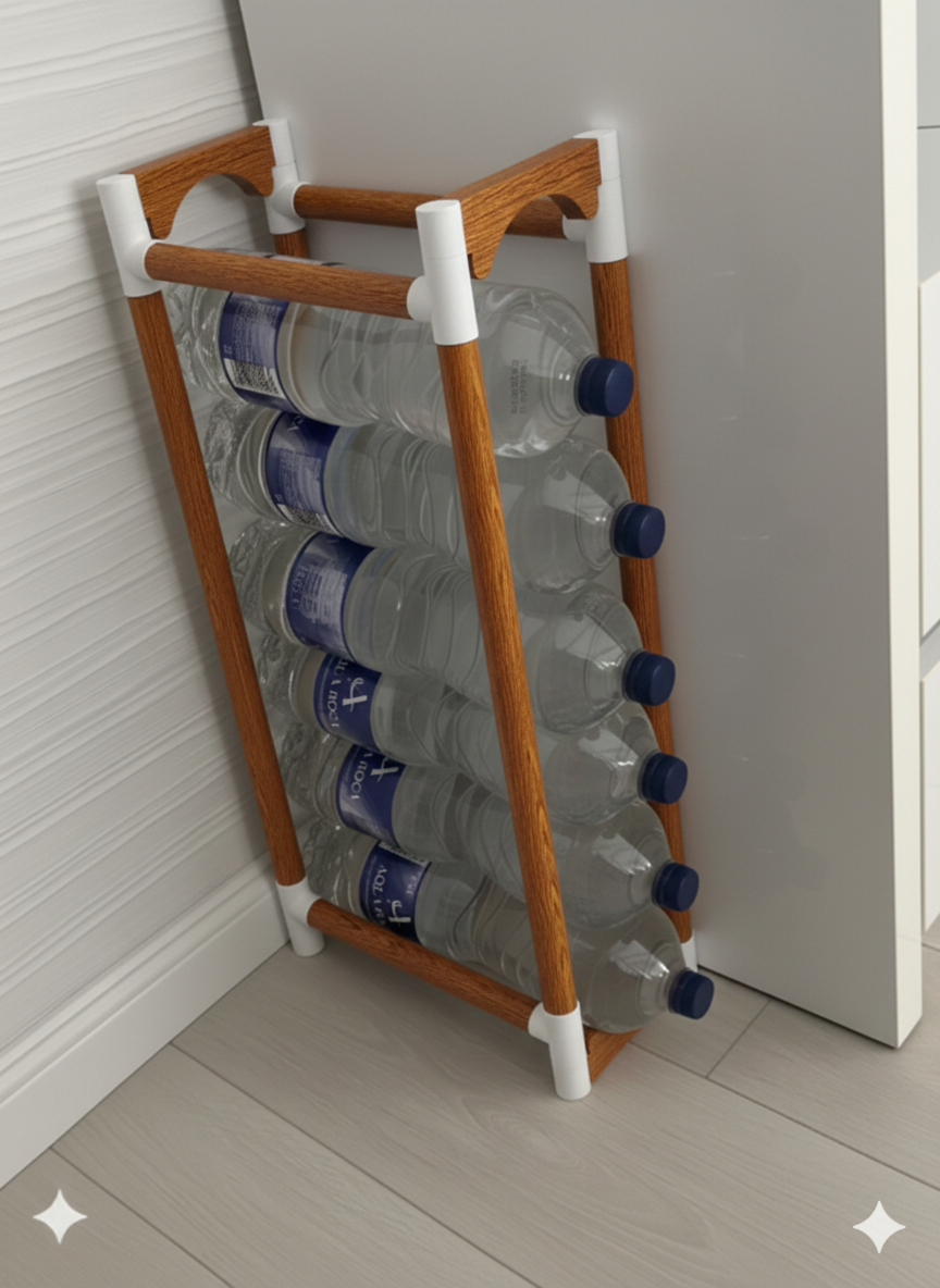 brown and white منظّم قراعي تع الماء – حامل قنينات موفّر للمساحة